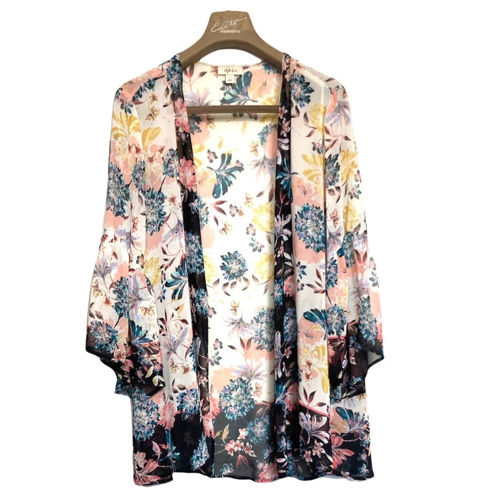 ❌SOLD❌LG•STYLE & CO•FLORAL SHEER OPEN CARDIGAN / COVER UP W WIDE FLARED SLEEVES• - Picture 6 of 6